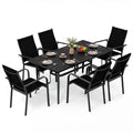 Tangkula 7 Pieces Patio Dining Set 63” x 33” Outdoor Rectangle Metal Table with Umbrella Hole 6 Stackable Breathable Mesh Armchairs