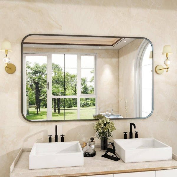 XRAMFY 30 in. W x 47 in. H Rectangular Modern Aluminum Alloy Framed Rounded Black Wall Mirror